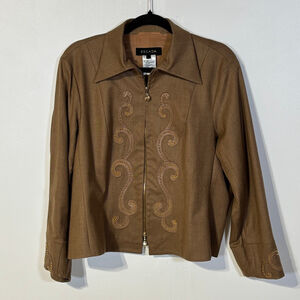 Escada Jacket Women’s Small Zipper Front Beaded Brown Wool Blend Embroidered